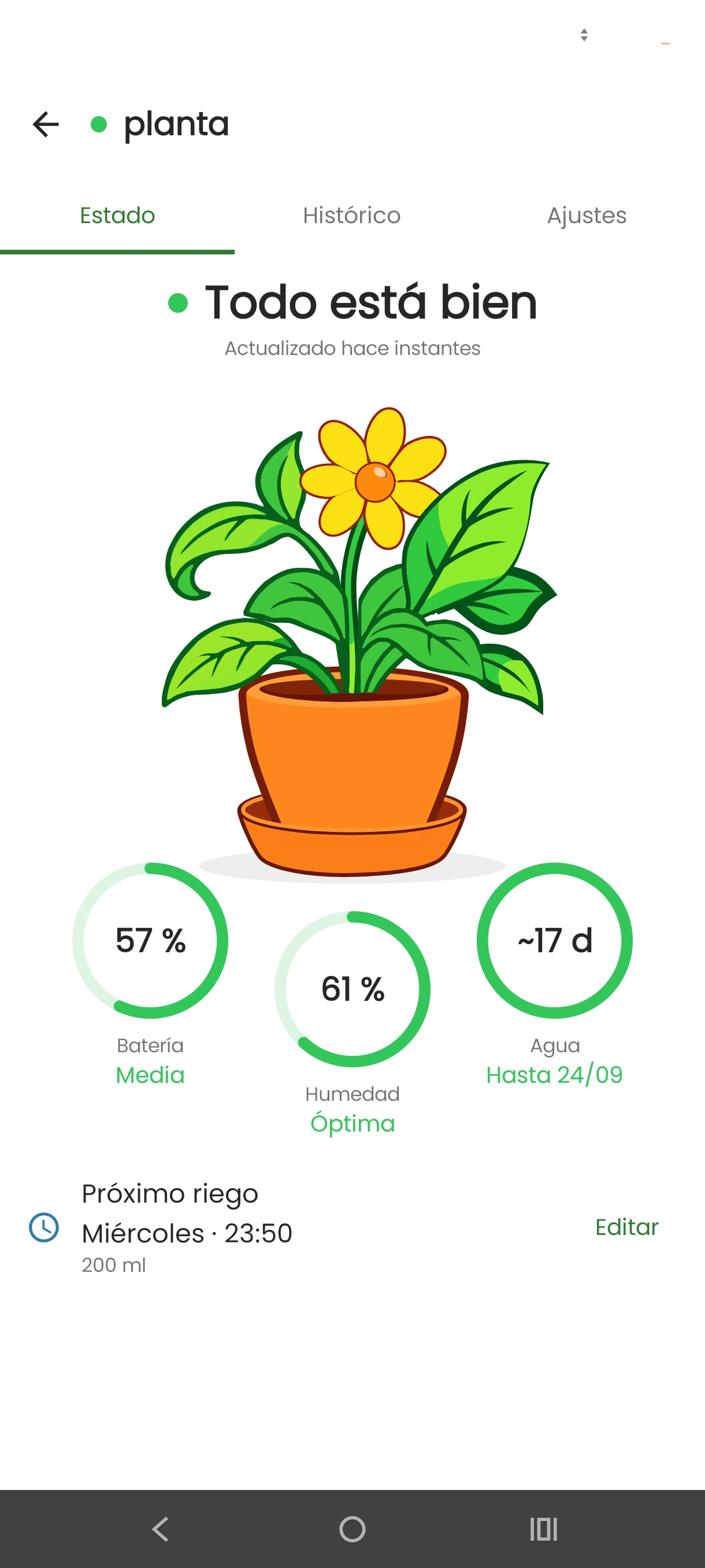 App Android SmartGrow: estado de la planta, temperatura y humedad del aire